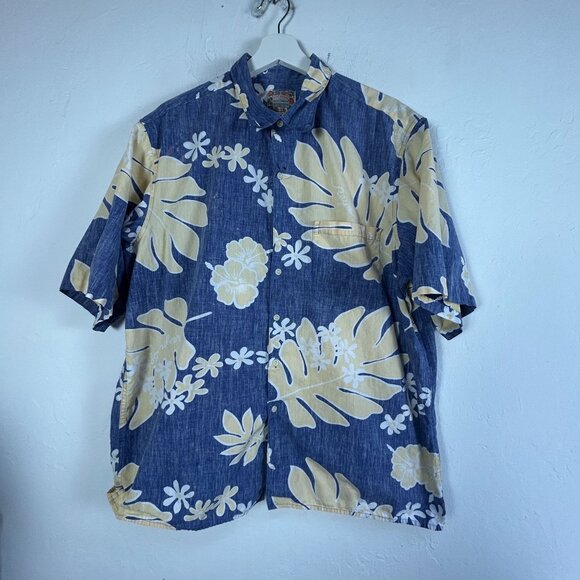 Reyn Spooner Mens XL Blue Yellow Floral Leaf Commerative Classic Hawaiian Shirt - Picture 1 of 11